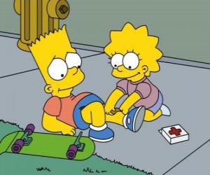 Lisa Simpsons curing his brother Brat after falling in a skateboarding puzzle