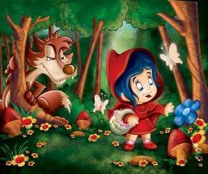 Little Red Riding Hood in the forest with the Wolf hidden among the trees puzzle