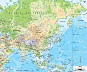 Map of Russia and Asia. The Asian continent is the largest and most populous of the Earth puzzle