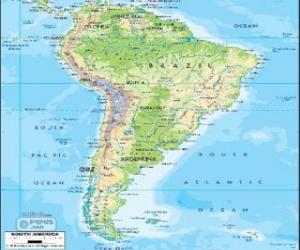 Map of South America. The continent is also considered a subcontinent of the Americas puzzle