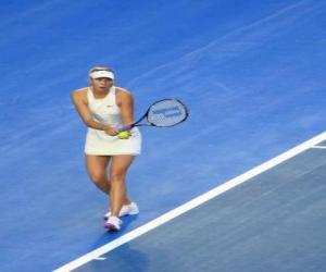 Maria Sharapova preparing to hit a serve puzzle