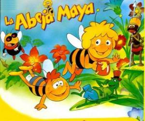 Maya the Bee and her friend Willi under the gaze of Flip and other characters puzzle