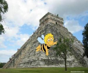 Maya the Bee in front of a Mayan temple puzzle