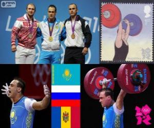 Men's 94 kg weightlifting podium, Ilya Ilyin (Kazakhstan), Alexandr Ivanov (Russia) and Anatoly Ciricu (Moldova) - London 2012- puzzle