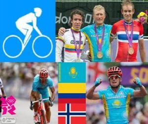 Men's road cycling podium, Alexander Vinokourov (Kazakhstan), Rigoberto Urán (Colombia) and Alexander Kristoff (Norway) - London 2012 - puzzle