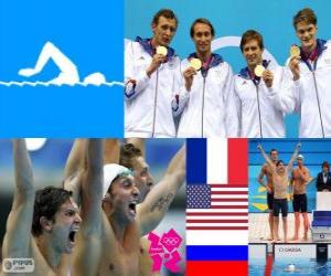 Men's swimming 4x100m freestyle relay podium, France, United States and Russia - London 2012 - puzzle