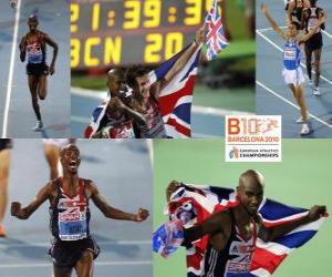 Mo Farah 10000 m champion, Chris Thompson and Daniele Meucci (2nd and 3rd) of the European Athletics Championships Barcelona 2010 puzzle