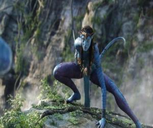 Neytiri, a na'vi, a race of humanoids from the planet Pandora with a long tail puzzle