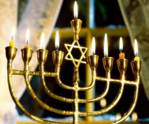 Nine-branched candelabrum with lighted candles, a Hanukiah used in the celebrations of Hanukkah puzzle