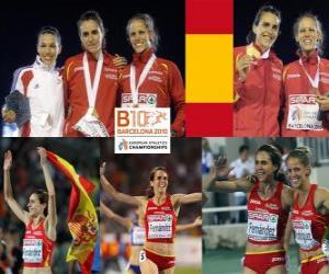 Nuria Fernandez champion at 1500 m, Hind Dehiba and Natalia Rodriguez (2nd and 3rd) of the European Athletics Championships Barcelona 2010 puzzle