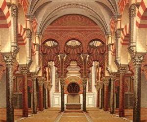 Old Mosque of Cordoba, the current cathedral, marble columns and arches with the holy place, the Mihrab puzzle