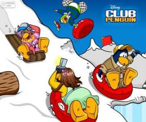 Penguins sledding down in a sleigh puzzle