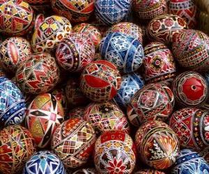 Pile of Easter eggs with geometric decoration puzzle