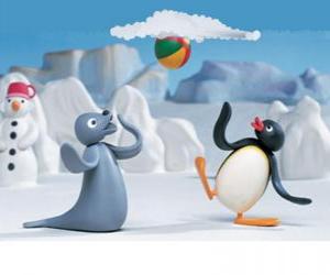 Pingu and Robby The Seal playing with the sled puzzle