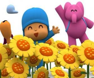 Pocoyo and his friends in a field of sunflowers puzzle