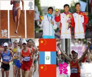Podium Athletics men's 20 kilometres walk, Ding Chen (China), Erick Barrondo (Guatemala) and Wang Zhen (China) - London 2012 - puzzle