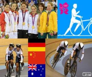 Podium cycling track women's team sprint, Kristina Vogel, Miriam Welte (Germany), Gong Jinjie, Guo Shuang (China) and Kaarle McCulloch, Anna Meares (Australia) - London 2012 - puzzle