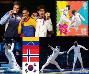 Podium fencing men individual sword, Rubén Limardo Gascón (Venezuela), Bartosz Piasecki (Norway) and Jung Jin-Sun (South Korea) - London 2012 - puzzle