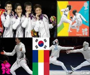 Podium fencing Men's team sabre, Korea of the South, Romania, Italy - London 2012 - puzzle