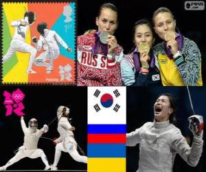 Podium fencing women's individual Sabre, Kim Ji-Yeon (South Korea), Sofia Velikaya (Russia) and Olga Jarlan (Ukraine) - London 2012 - puzzle