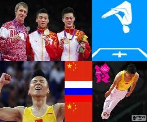 Podium gymnastics in men's Trampoline, Dong Dong (China), Dmitry Ushakov (Russia) and Lu Chunlong (China) - London 2012 - puzzle