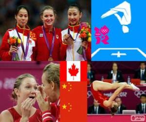 Podium gymnastics in women's trampoline, Rosannagh Maclennan (Canada), Huang Shanshan and He Wenna (China) - London 2012 - puzzle