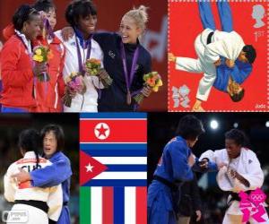 Podium Judo women's - 52 kg, Kum Ae An (North Korea), Yanet Bermoy Acosta (Cuba), Rosalba Forciniti (Italy) and Priscilla Gneto (France) puzzle
