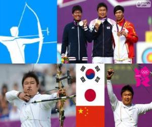 Podium men's archery individual, Oh Jin-Hyek (South Korea), Takaharu Furukawa (Japan) and composer Dai (China) - London 2012 - puzzle