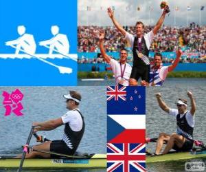 Podium rowing men's single sculls, Mahe Drysdale (New Zealand), Ondřej Synek (Czech Republic) and Alan Campbell (United Kingdom) - London 2012 - puzzle