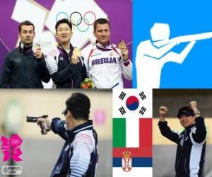 Podium shooting, men 10 m air pistol, Jin Jingoh (South Korea), Luca Tesconi (Italy) and Andrija Zlatić (Serbia) puzzle