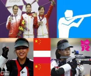 Podium shooting, women's 10 m air rifle, Yi Siling (China), easy Bogacka (Poland) and Yu Dan (China) puzzle