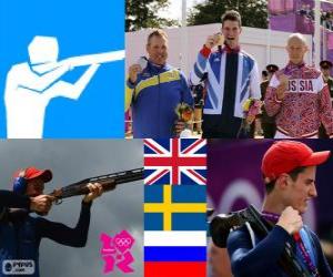 Podium shoting double trap men's, Peter Robert Wilson (United Kingdom), Hakan Dahlby (Sweden), and Vasily Mosin (Russia) - London 2012 - puzzle