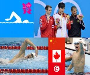 Podium swimming 1500 metres men's freestyle, Sun Yang (China), Ryan Cochrane (Canada) and Oussama Mellouli (Tunisia) - London 2012 - puzzle