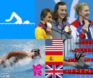 Podium swimming 800 m style free women's, Katie Ledecky (United States), Mireia Belmonte (Spain) and Rebecca Adlington (United Kingdom) - London 2012 - puzzle