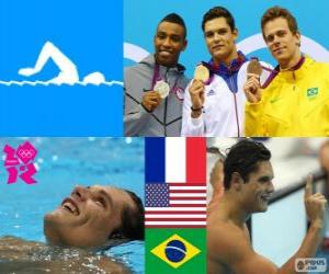 Podium swimming men's 50 metre freestyle, Florent Manaudou (France), Cullen Jones (United States) and César Cielo (Brazil) - London 2012 - puzzle