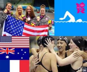 Podium swimming women's 4 × 200 metre freestyle relay, United States, Australia and France puzzle