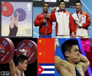Podium weightlifting men 77 kg, Lu Xiaojun, Wu Jingbao (China) and change Iván Rodríguez (Cuba) - London 2012 - puzzle