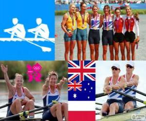 Podium Women's double sculls rowing, Anna Watkins, Katherine Grainger (United Kingdom), Kim Crow, Brooke Pratley (Australia) and Magdalena Fularczyk, Julia Michalska (Poland) - London 2012 - puzzle