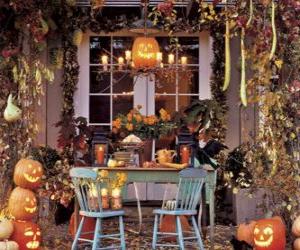 porch decorated for halloween puzzle