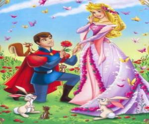 Prince Philip kneeling in front the princess Aurora in the marriage proposal puzzle
