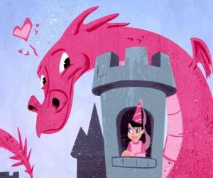 Princess in her castle watched by a great dragon puzzle