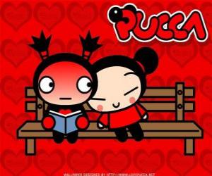 Pucca and Garu sitting on a park bench puzzle