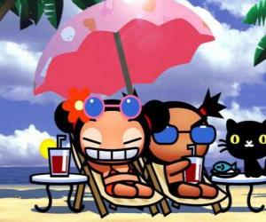 Pucca, Garu and Mio cat on the beach puzzle