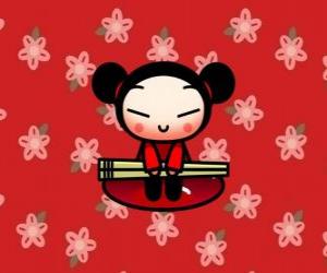 Pucca with the chopsticks over a floral background puzzle