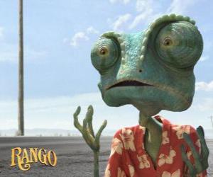 Rango is a pet chameleon who lives in a terrarium that ends in the desert puzzle