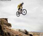 Cyclist of mountain bike or MTB jumping