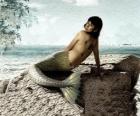 Mermaid sitting on a rock beside the sea