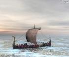Drawing of drakkar or viking ship with all the rowers in action and the swollen sail with the wind