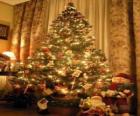 Christmas tree adorned with stars, colored baubles and candy sticks