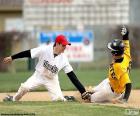 A baseball runner reaches base with feet to not be deleted